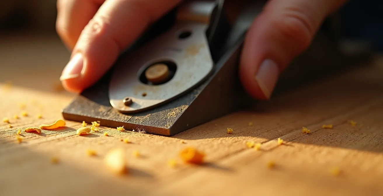 Nahaufnahme einer Hand, die einen traditionellen Holzhobel über Holzfasern führt, mit sichtbaren Holzspänen und der feinen Textur der bearbeiteten Oberfläche.