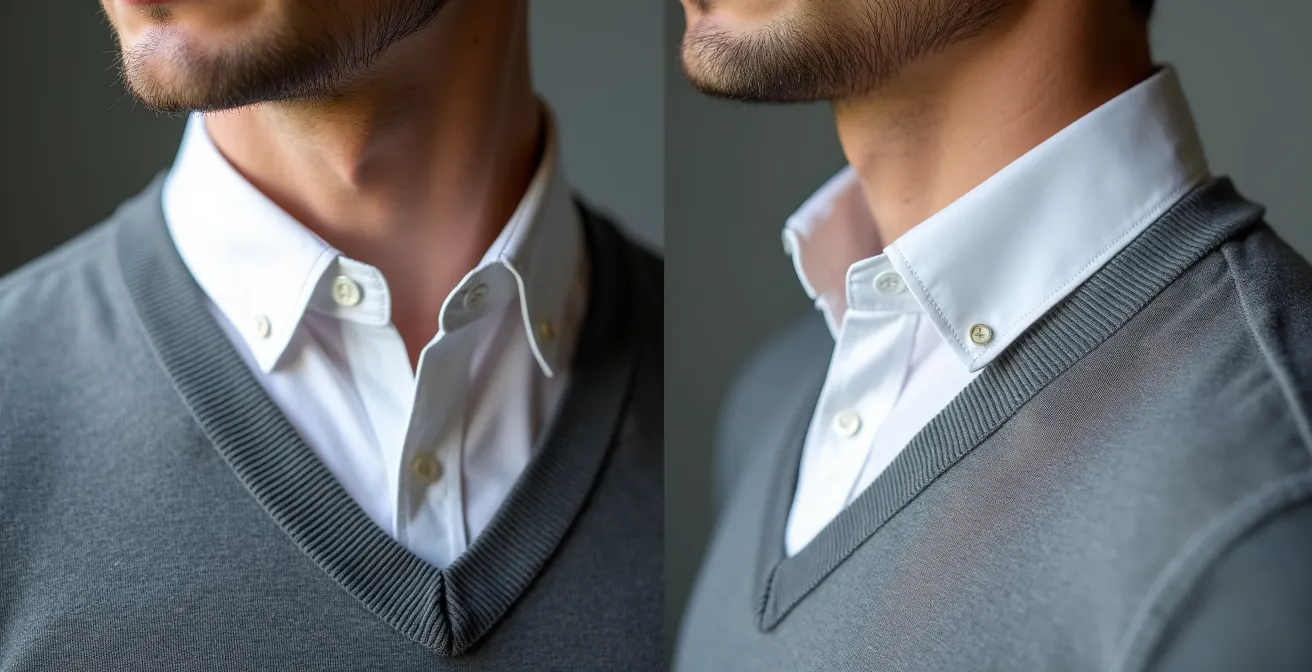 Detailaufnahme von Hemdkragen unter verschiedenen Pulloverausschnitten