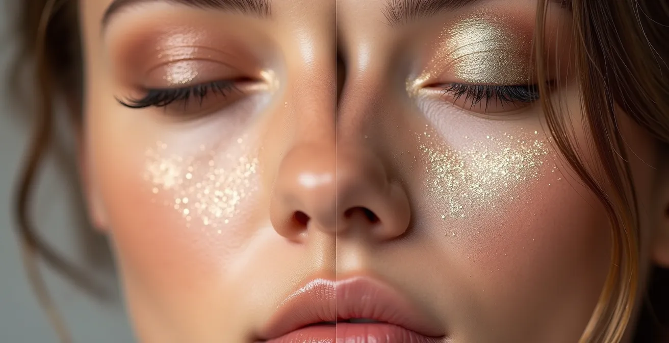 Vergleich zwischen einem dezent und schmeichelhaft aufgetragenen Highlighter und einem übertriebenen, glitzernden Auftrag, der unnatürlich wirkt.