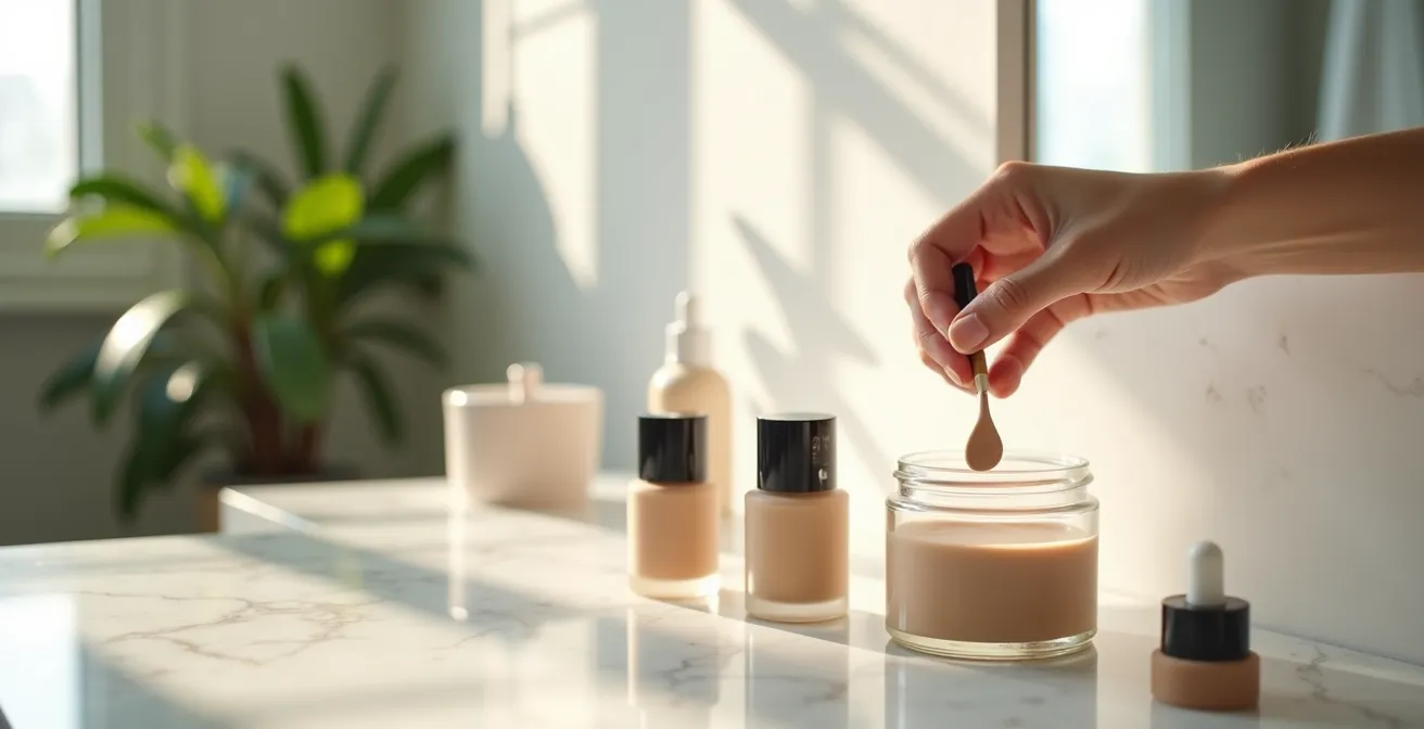 Eine Hand mischt auf dem Handrücken einen Tropfen flüssigen Highlighter mit einer kleinen Menge Foundation.