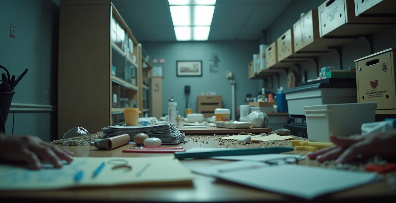 Unsauberer Arbeitsplatz im Nagelstudio mit Hinweisen auf mangelnde Hygiene und unprofessionelle Praktiken.