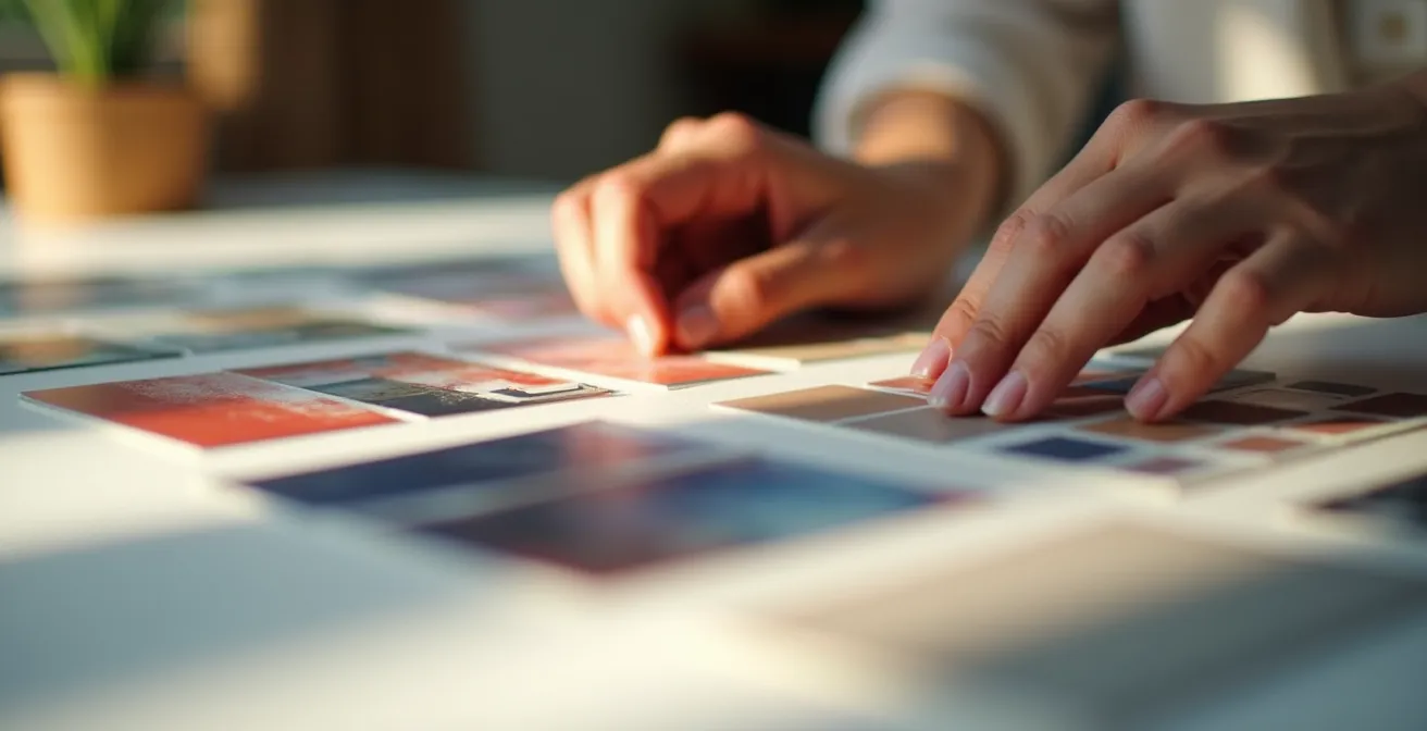 Detailaufnahme von Händen, die durch digitale Moodboards auf einem Tablet scrollen und Farbmuster sortieren.