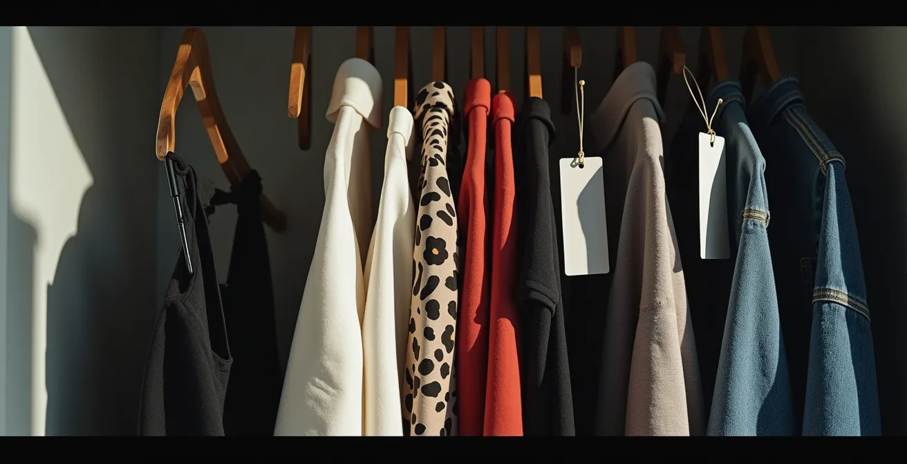 Smartphone zeigt Instagram-Mode neben ungenutzter Kleidung im Schrank