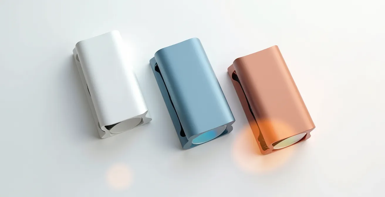 Detailaufnahme verschiedener Glätteisen-Technologien, die Keramik, Ionen und Infrarot symbolisch darstellen