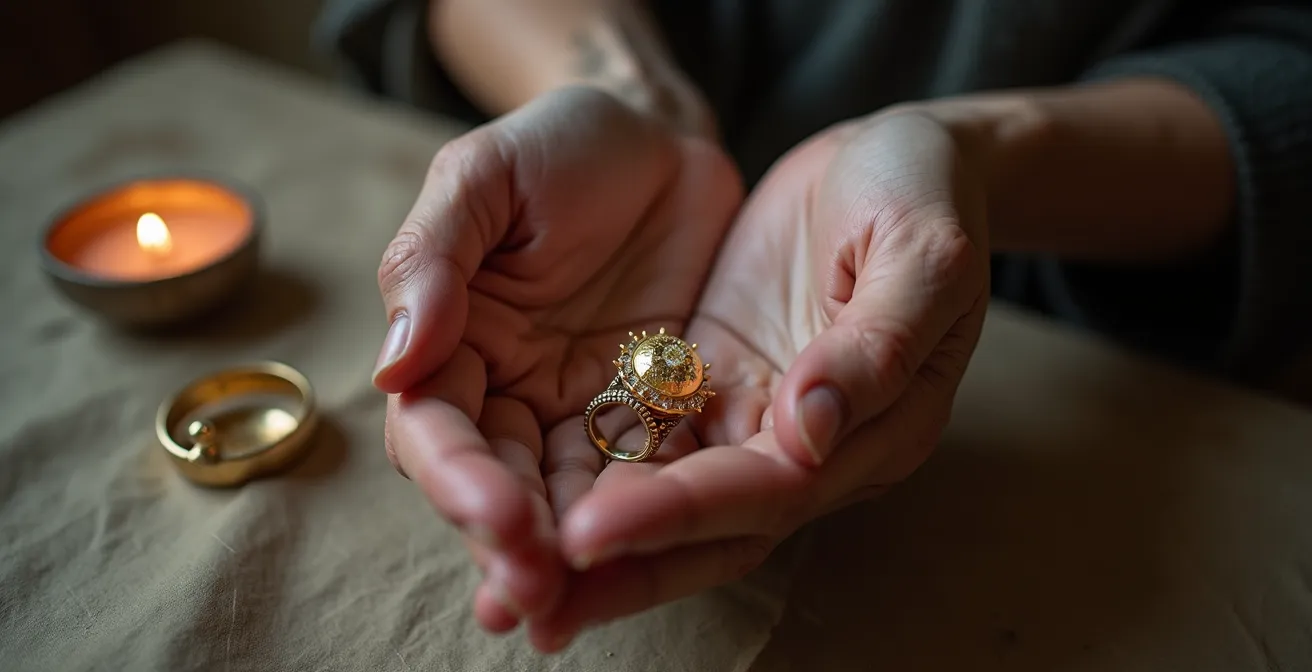 Künstlerische Darstellung eines umgearbeiteten Erbstücks, bei dem alte Materialien sichtbar mit Gold verbunden werden, symbolisierend die japanische Kintsugi-Philosophie von Schönheit im Bruch und Erneuerung.