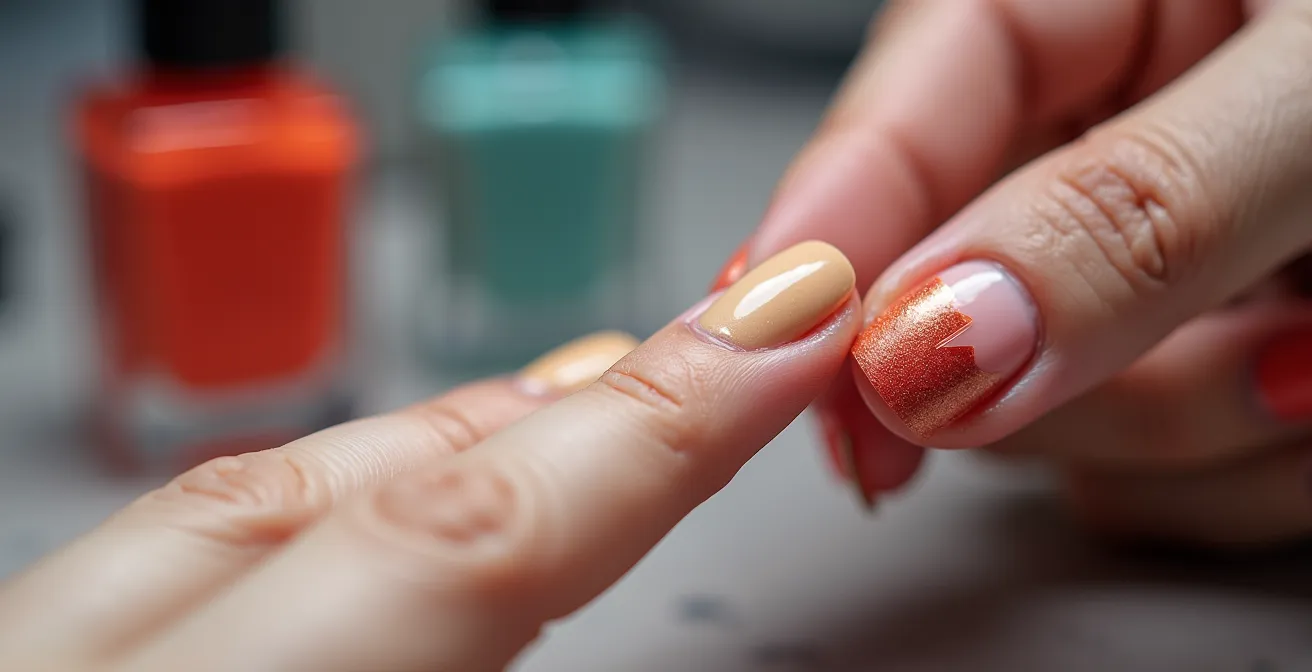 Nahaufnahme von Händen beim Auftragen von Klebeband für geometrische Nagelmuster