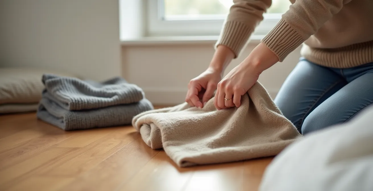 Systematisches Aussortieren von Kleidung mit drei Stapeln für Behalten, Spenden und unsichere Teile.