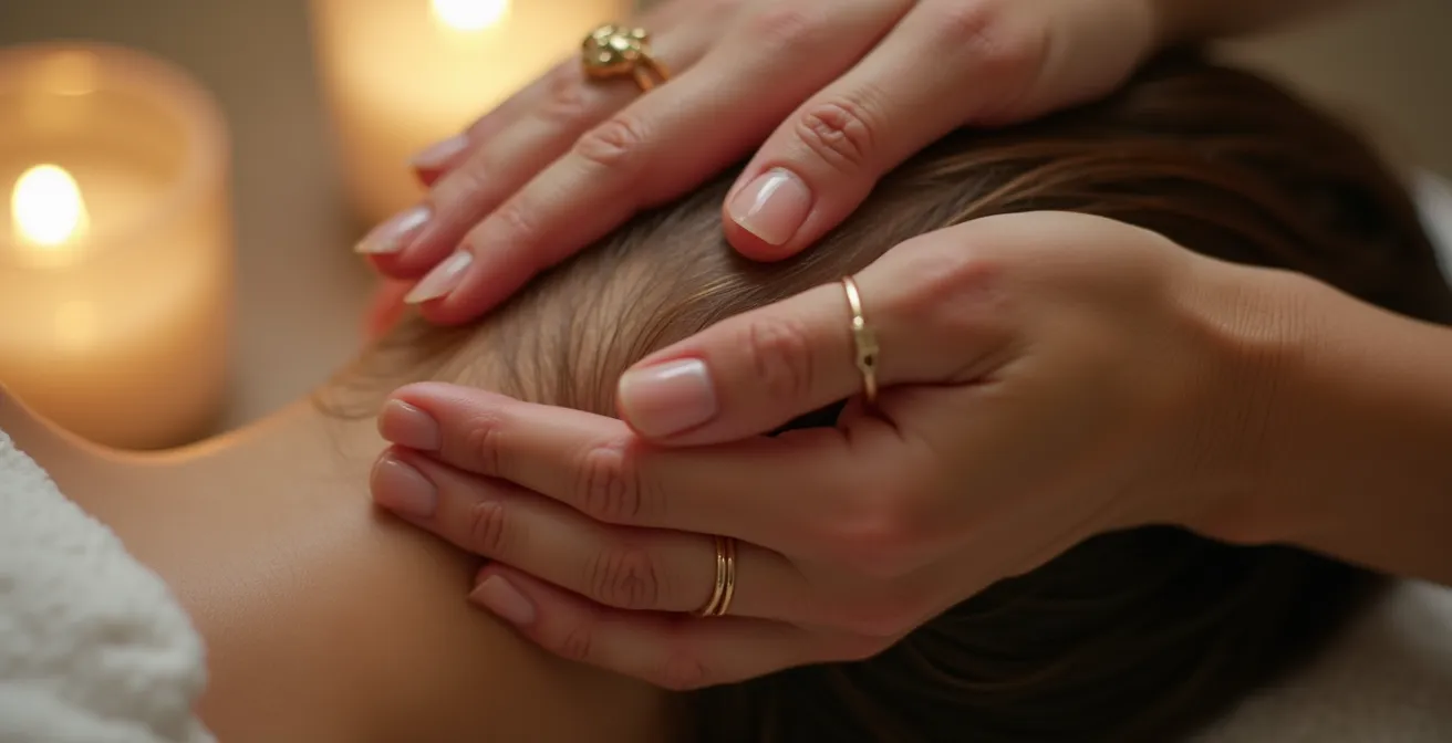 Nahaufnahme einer professionellen Kopfhautmassage-Technik mit sichtbaren Fingerbewegungen