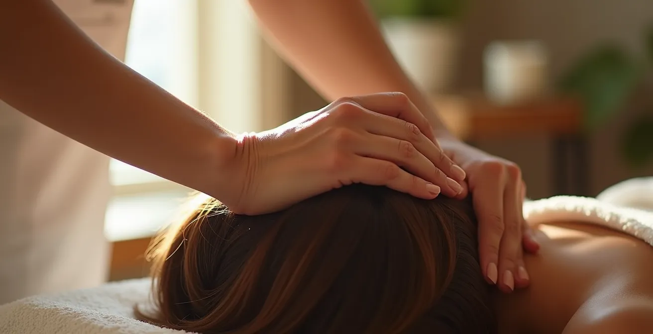 Hände führen lymphatische Drainage-Massage auf Kopfhaut aus