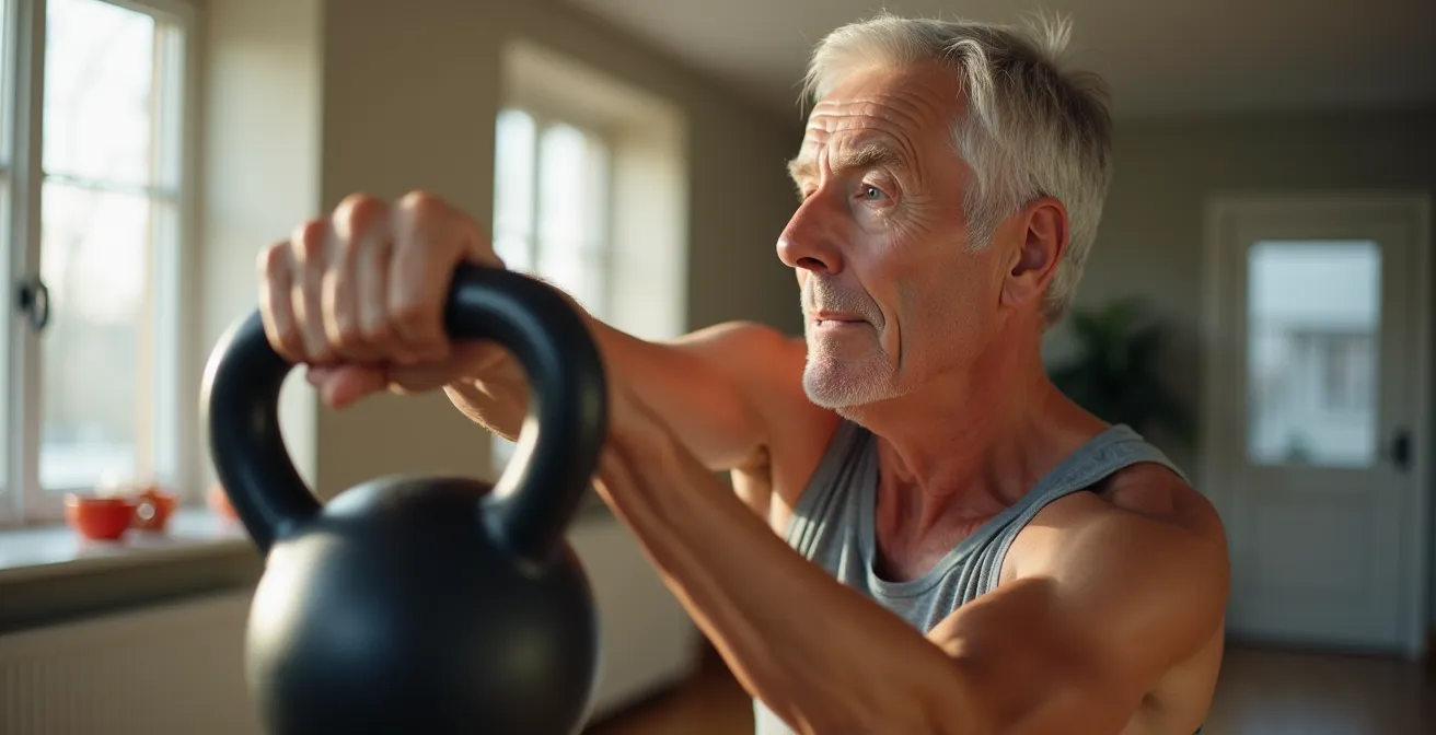 Senior beim funktionalen Krafttraining mit Kettlebell in heimischer Umgebung