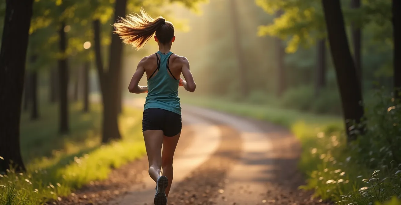 Läuferin von hinten auf einem kurvigen Waldweg mit rhythmischen Bewegungen in natürlicher Umgebung