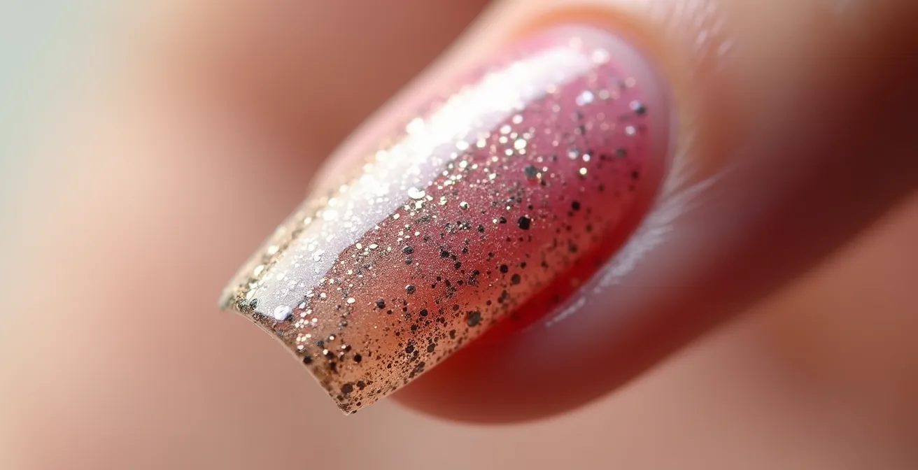 Makroaufnahme eines Nagels im Querschnitt, die die einzelnen Schichten von Base Coat, Farbe und Top Coat für maximale Haltbarkeit visualisiert.