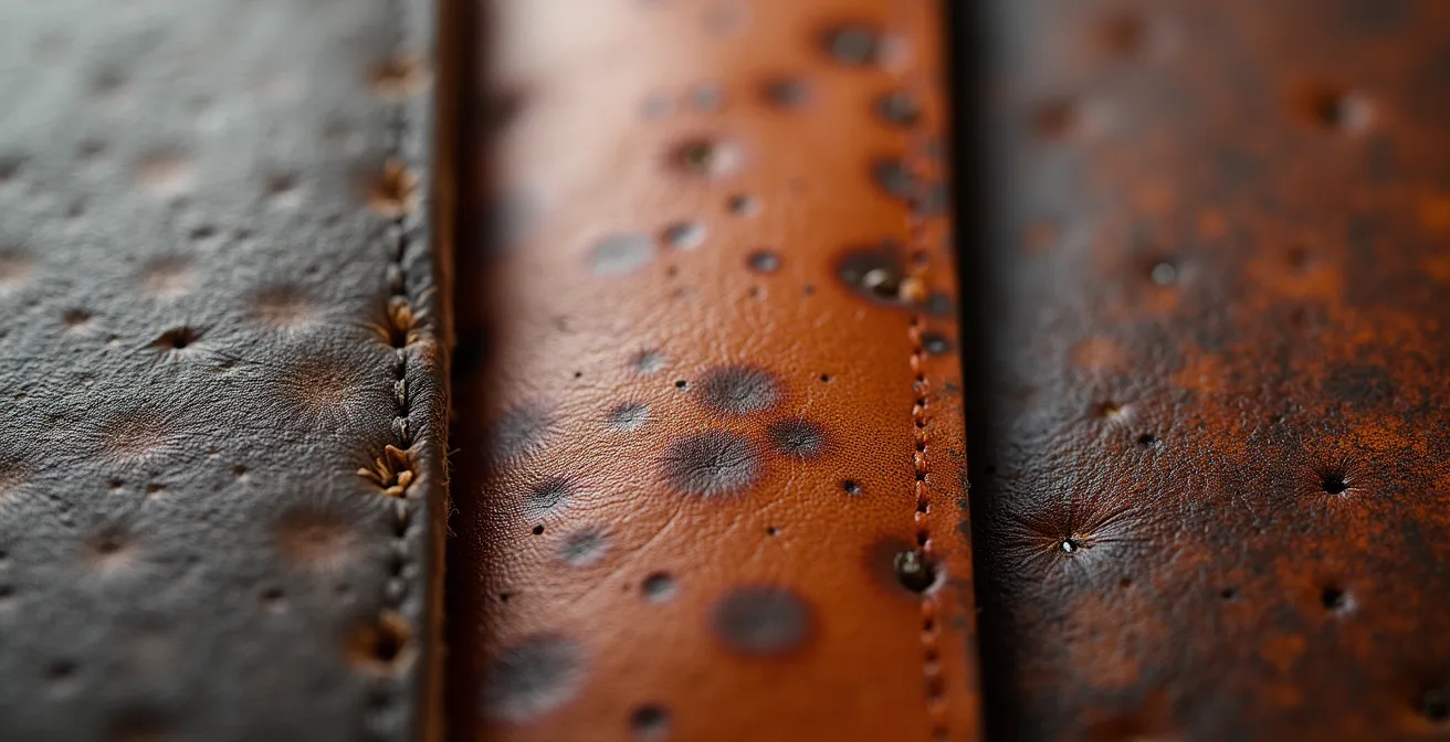 Detailaufnahme verschiedener Lederoberflächen in unterschiedlichen Alterungsstadien mit sichtbarer Patina-Entwicklung