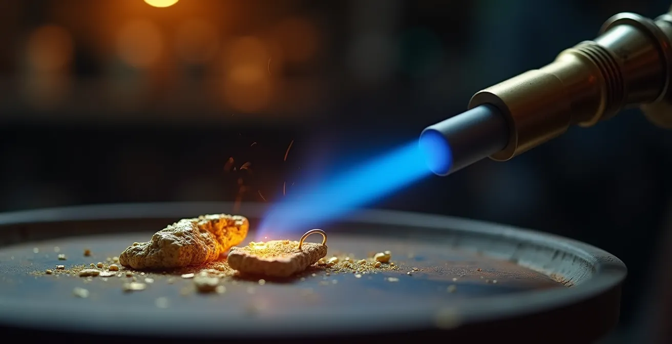 Eine blaue Lötflamme schmilzt zwei Goldstücke zusammen in einer handwerklichen Werkstatt