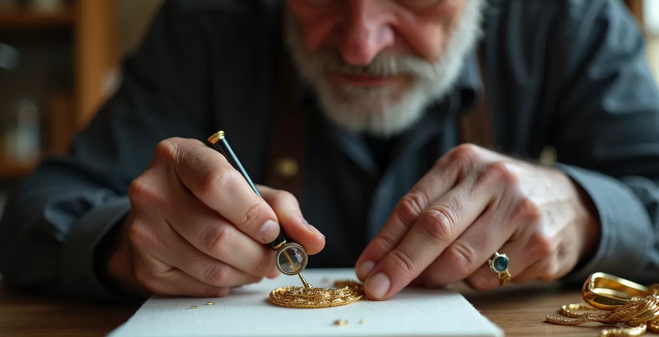 Detailaufnahme einer Lupen-Inspektion von Lötstellen an deutschem Goldschmuck