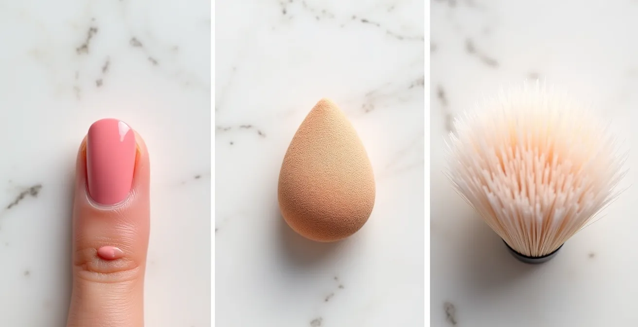 Nahaufnahme, die die unterschiedlichen Texturen von Make-up auf Finger, Schwamm und Pinsel zeigt.