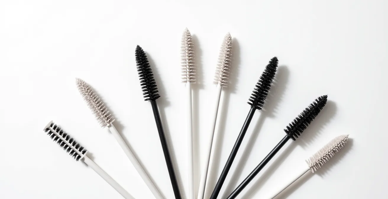 Verschiedene Mascara-Bürstenformen in Makroaufnahme für unterschiedliche Wimperntypen