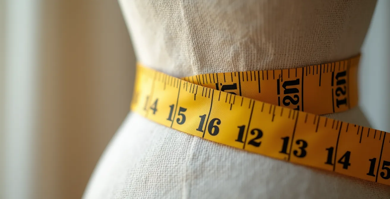 Nahaufnahme eines Maßbands um die Taille einer Schneiderpuppe mit verschwommenem Hintergrund