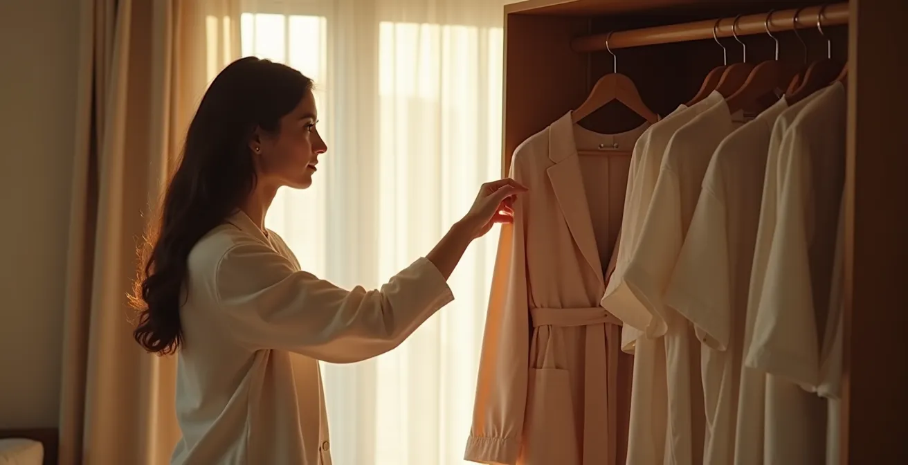 Minimalistische Szenerie mit morgendlicher Routine: Eine Person vor offenen Kleiderschrank mit kunstvoll arrangierten Kleidungsstücken, ruhiges Licht, ausdrucksstarke Gesten