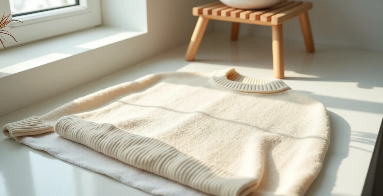 Ein cremefarbener Merinopullover liegt flach auf einem weißen Handtuch zum Trocknen ausgebreitet, um seine Form zu bewahren.