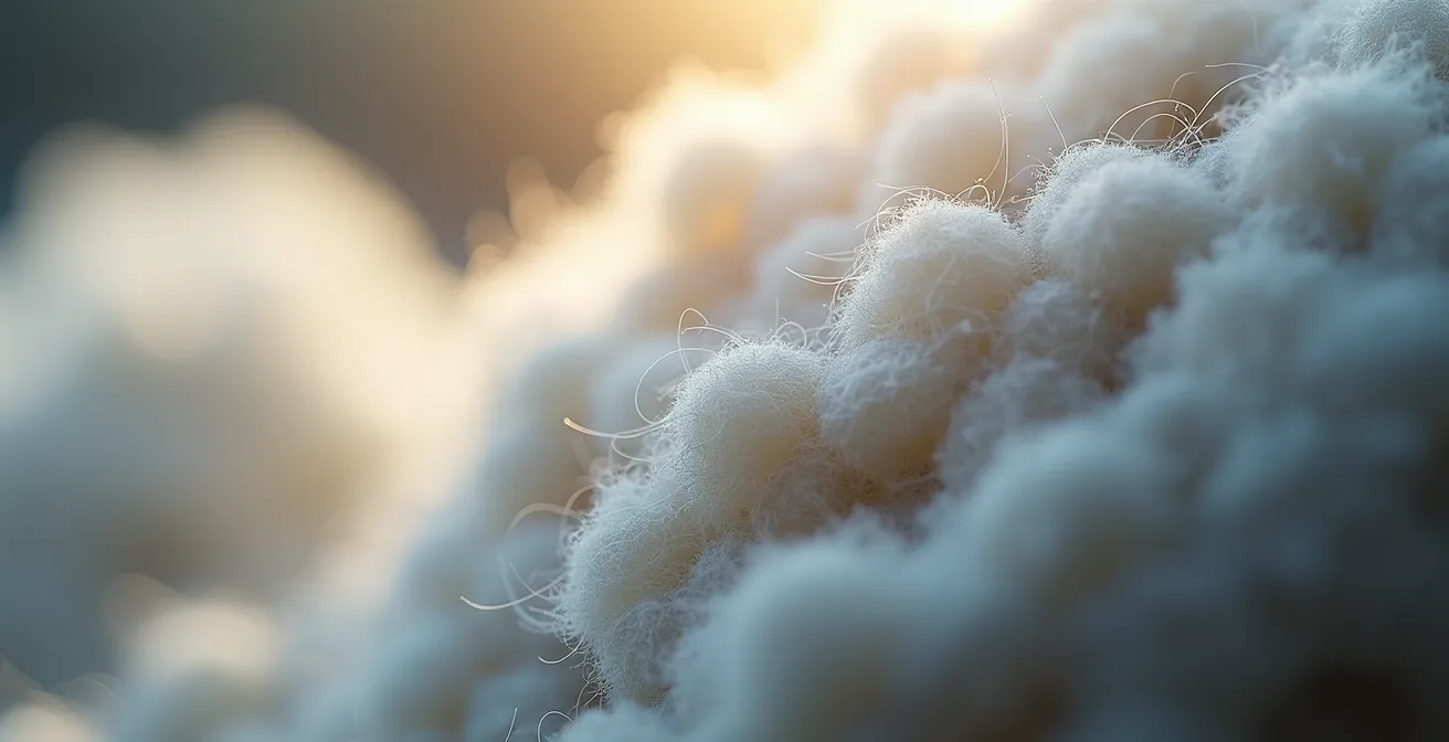 Detailaufnahme der Struktur einer Merinofaser unter extremer Vergrößerung, die die natürliche Kräuselung und Schuppenstruktur zeigt