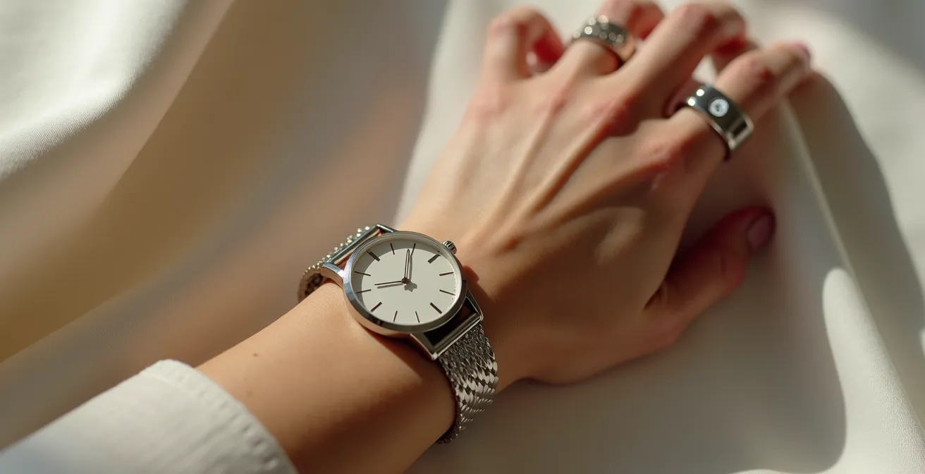Nahaufnahme einer Hand mit minimal gestaltetem Schmuck und Uhr, zeigt subtile Details und hochwertige Materialien