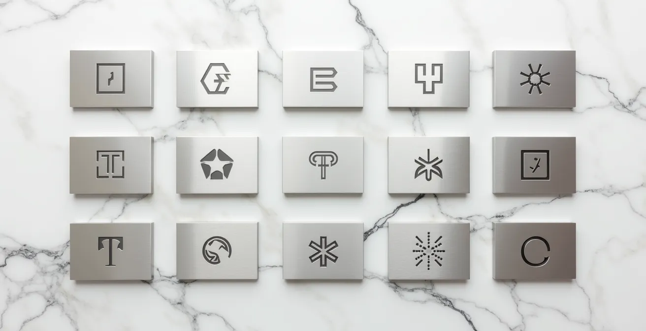 Abstrakte geometrische Symbole auf polierten Metallplatten in minimalistischer Anordnung