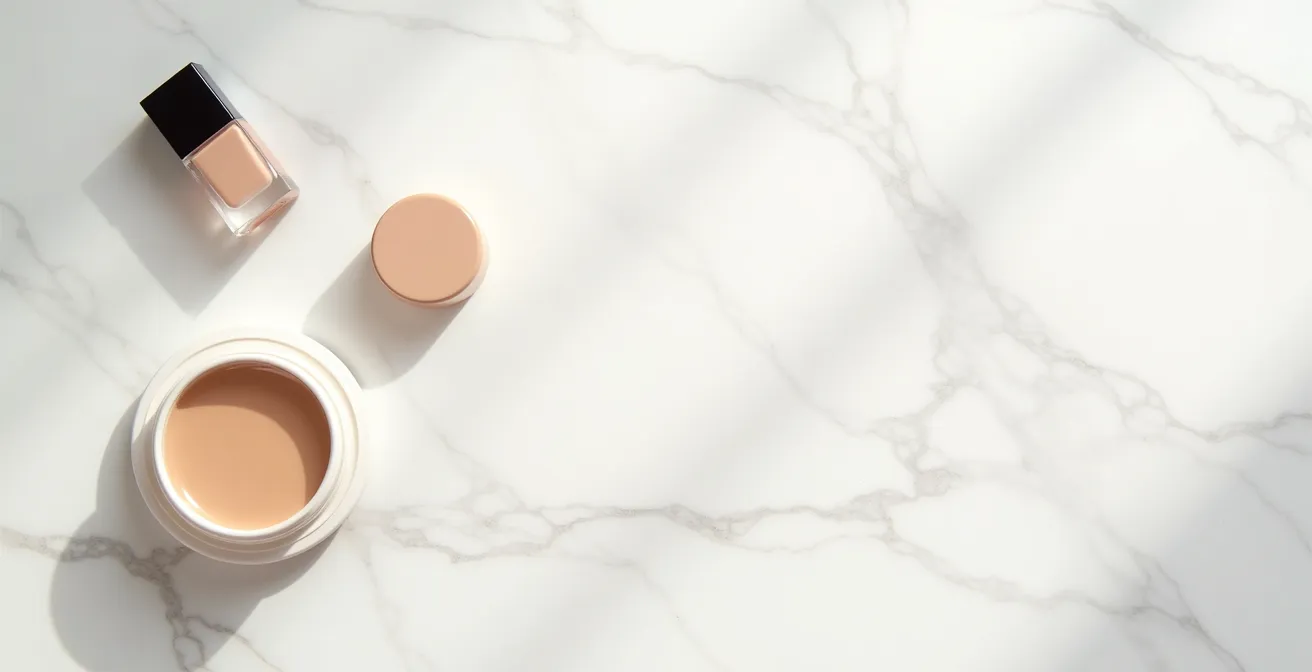 Eine minimalistische Anordnung von drei Make-up-Produkten – Brauengel, Concealer und Creme-Rouge – auf weißem Marmorhintergrund.