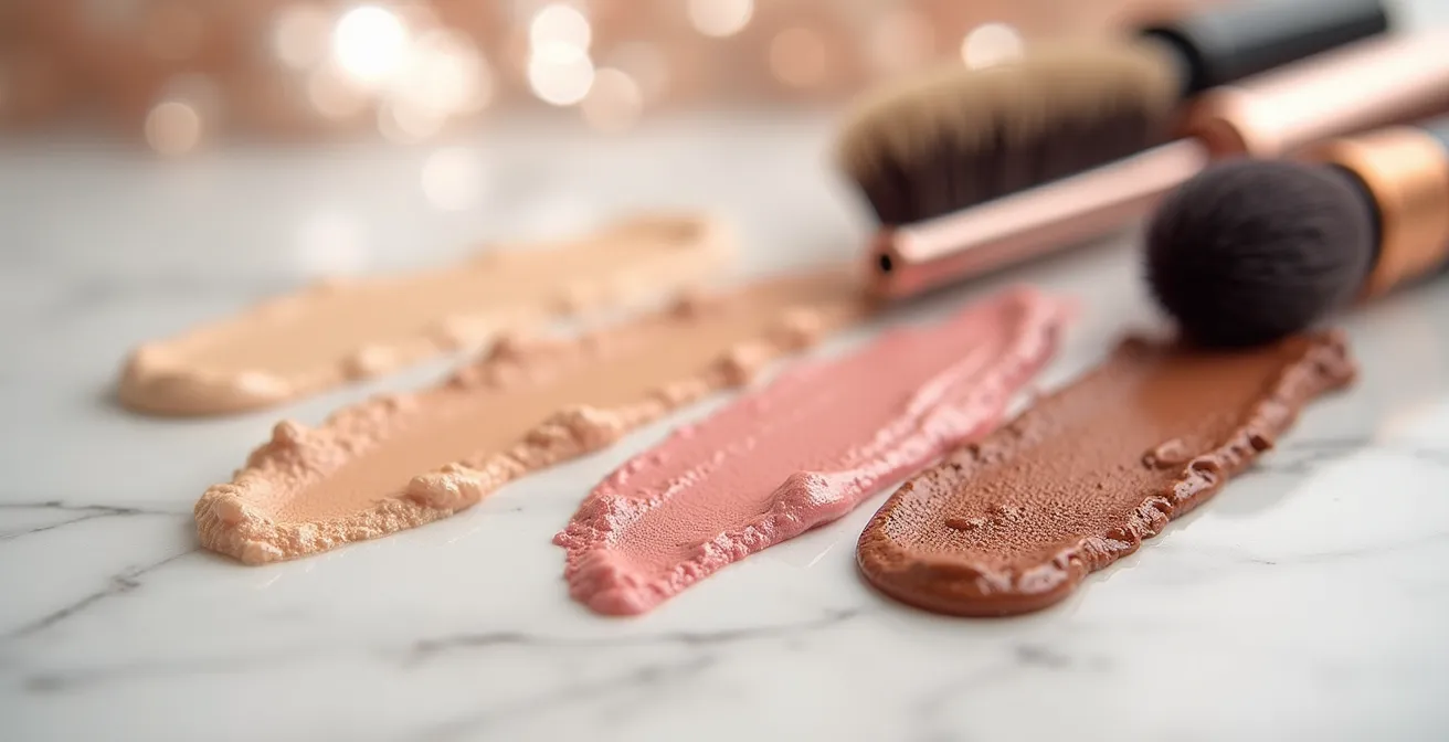 Vier essenzielle Make-up-Produkte für schnelles Alltags-Make-up arrangiert