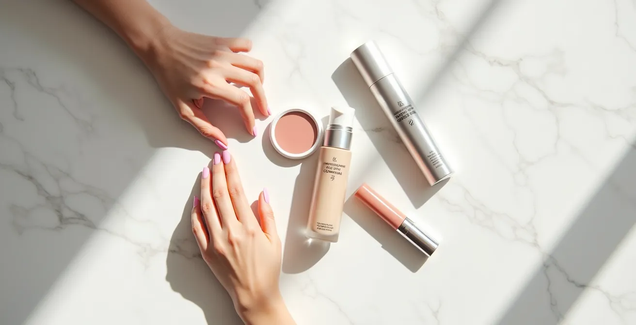 Minimalistische Anordnung von vier Make-up-Produkten auf hellem Hintergrund