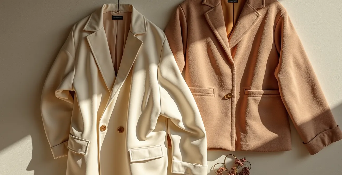 Eine stilvolle Frau arrangiert saisonale Modeteile und Accessoires auf einer natürlichen Textilbasis, die vielseitige Kombinationsmöglichkeiten darstellt.