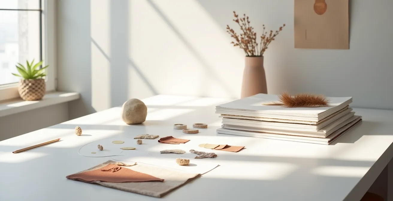 Kreativer Arbeitsplatz mit Schmuck-Moodboard und Designskizzen