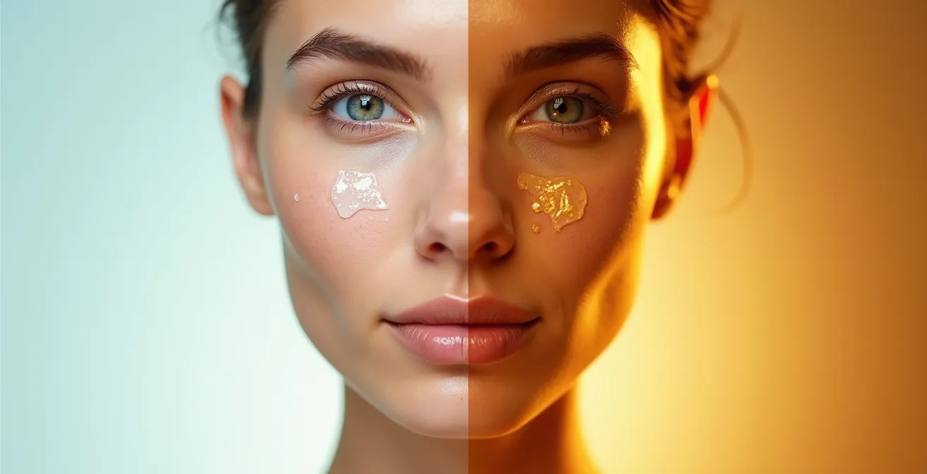 Kontrastdarstellung von Morgen- und Abendroutine mit verschiedenen Produkttexturen