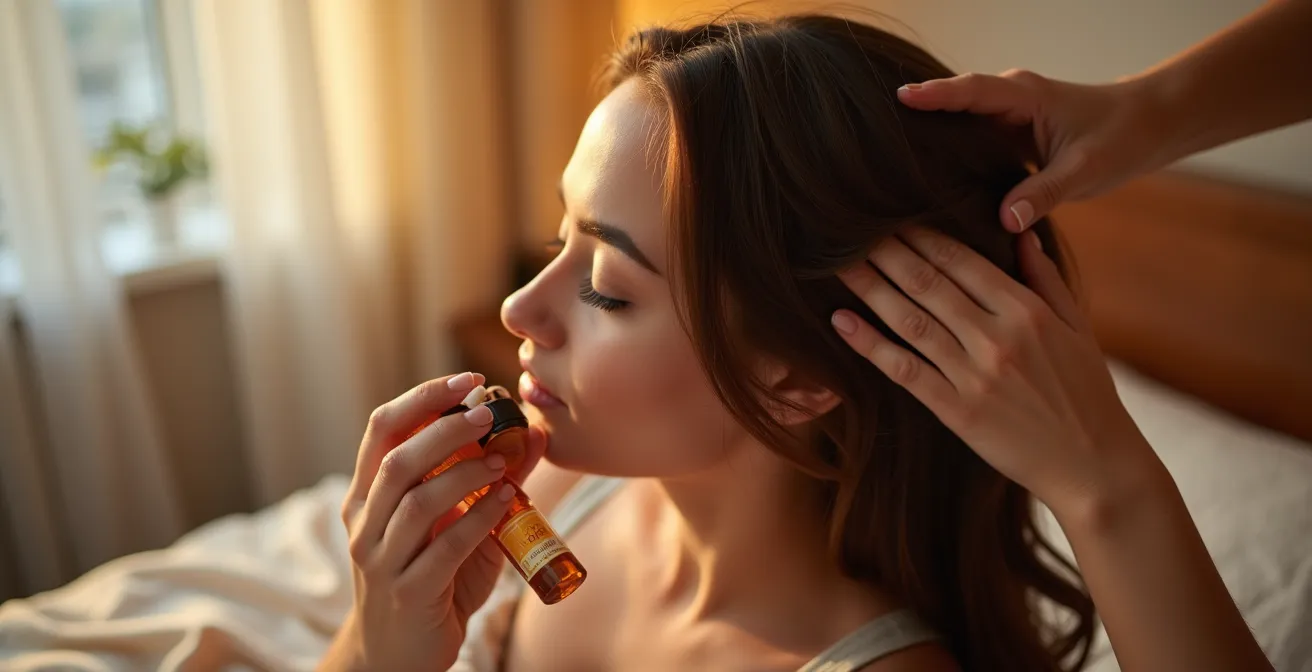 Frau trägt sanft Haaröl auf die Kopfhaut auf während einer nächtlichen Haarpflege-Routine