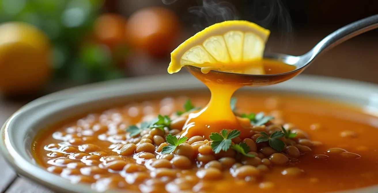 Makroaufnahme einer deutschen Linsensuppe, über der eine Zitrone ausgepresst wird, um die Eisenaufnahme zu optimieren.
