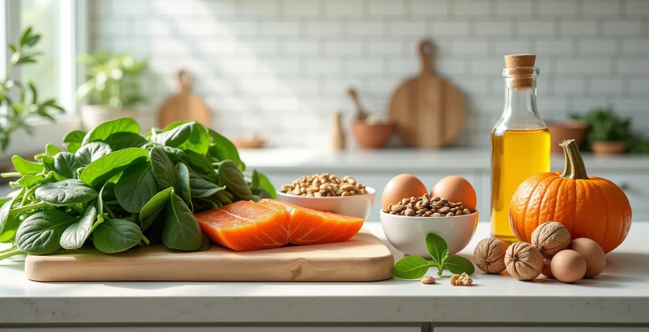 Arrangement von deutschen Supermarkt-Lebensmitteln für gesundes Haarwachstum