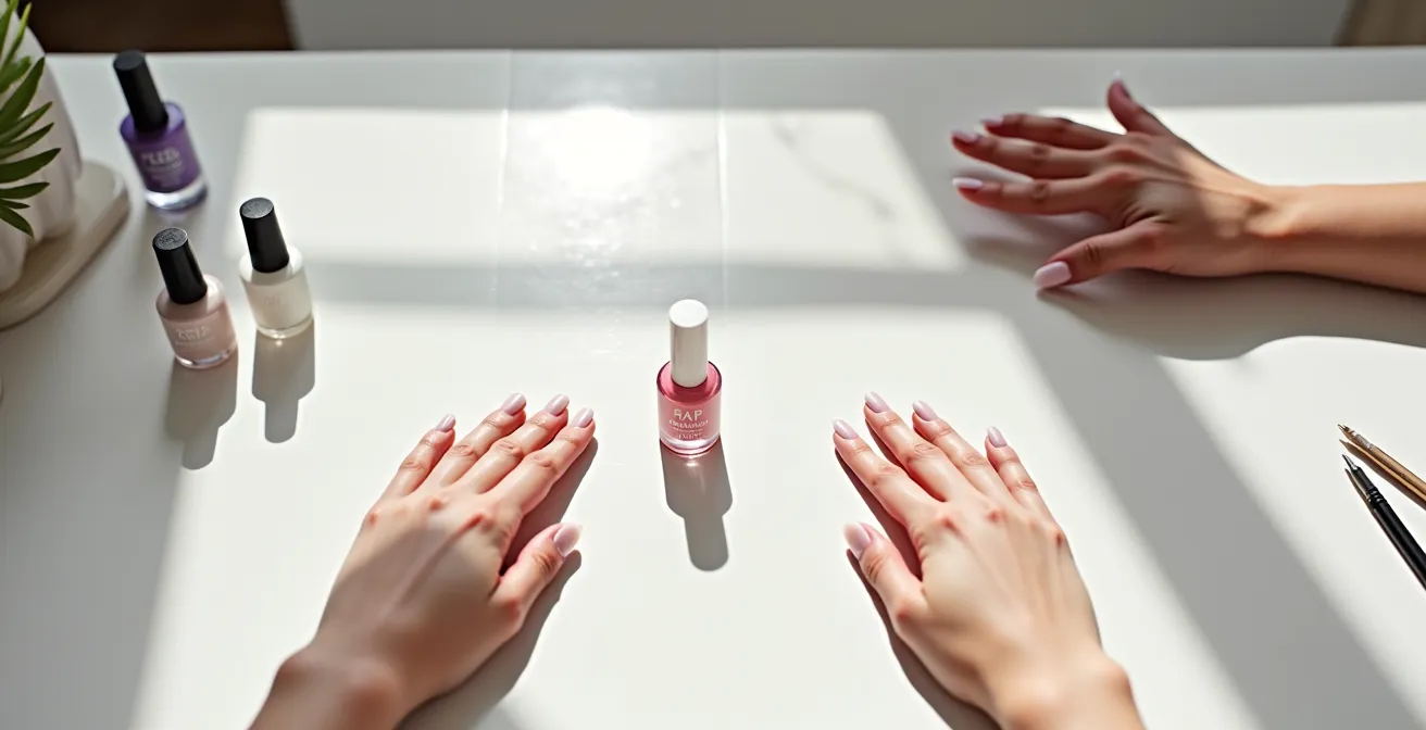 Detailaufnahme einer professionellen Nagellack-Anwendung mit korrekter Technik auf einer sauberen Arbeitsfläche.