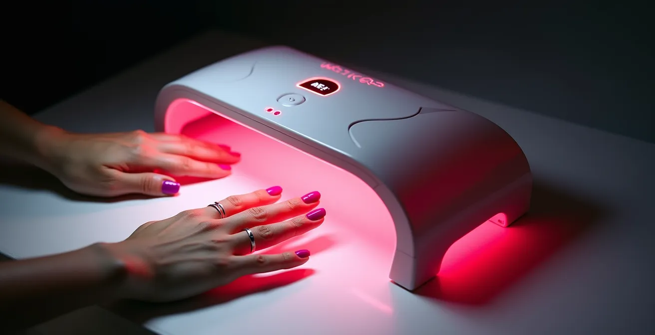 Makroaufnahme von frisch lackierten Nägeln unter UV-Lampe mit sichtbaren Lackschichten