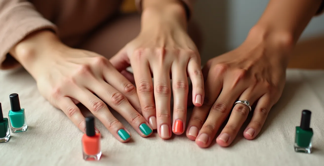 Vergleich von verschiedenen Hauttypen mit jeweils passenden Nagellackfarben, die die Hände vorteilhaft betonen.
