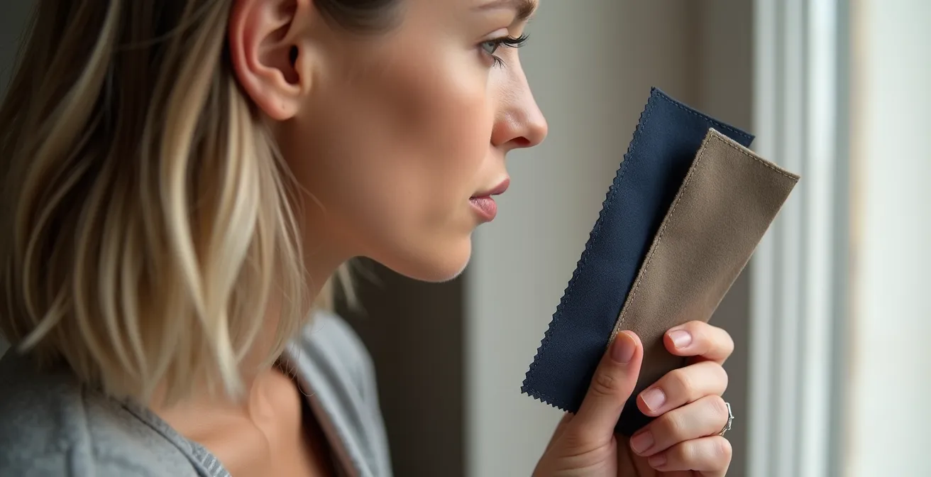 Verschiedene neutrale Stoffproben werden im natürlichen Tageslicht neben einem Gesicht gehalten, um die Harmonie mit dem Hautton zu zeigen.