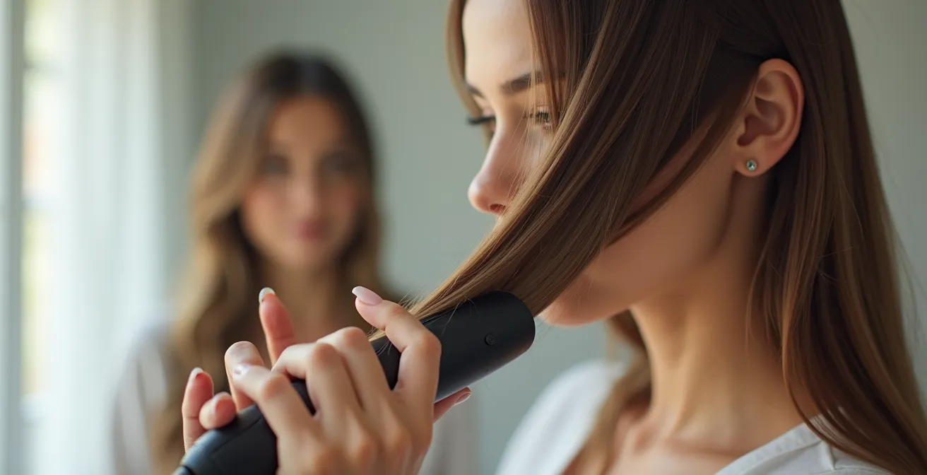Nahaufnahme der richtigen Glätttechnik mit einzelner Haarsträhne, die langsam und gleichmäßig geglättet wird