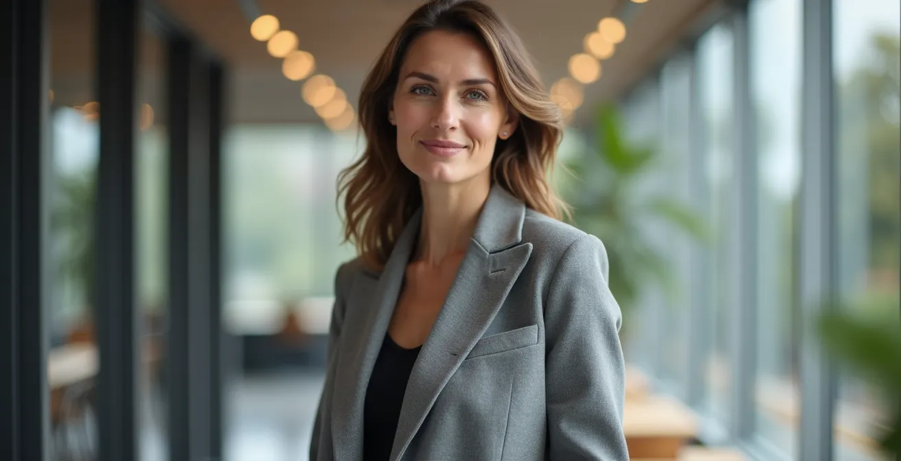 Professionelle Frau trägt einen perfekt sitzenden Oversized-Blazer im modernen deutschen Büro