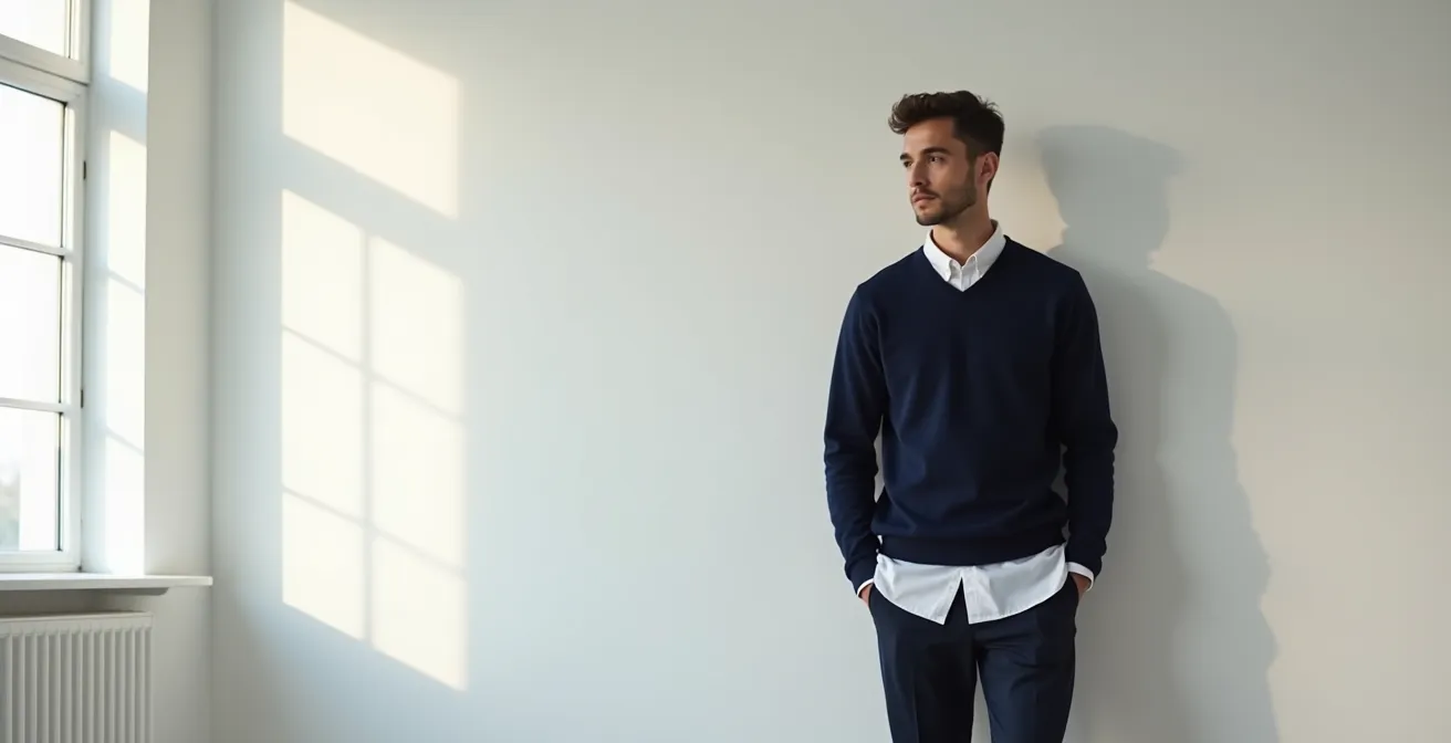 Seitenansicht der idealen Längenverhältnisse zwischen Hemd und Pullover