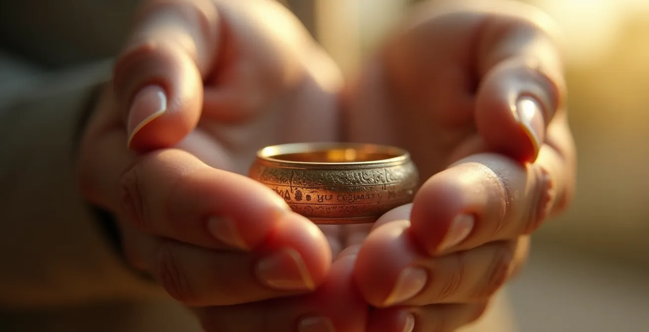 Ein elegantes Schmuckstück mit subtiler Gravur wird zärtlich von einer Hand gehalten, symbolisiert die emotionale Tiefe und persönliche Bedeutung von gravierten Edelmetallen.
