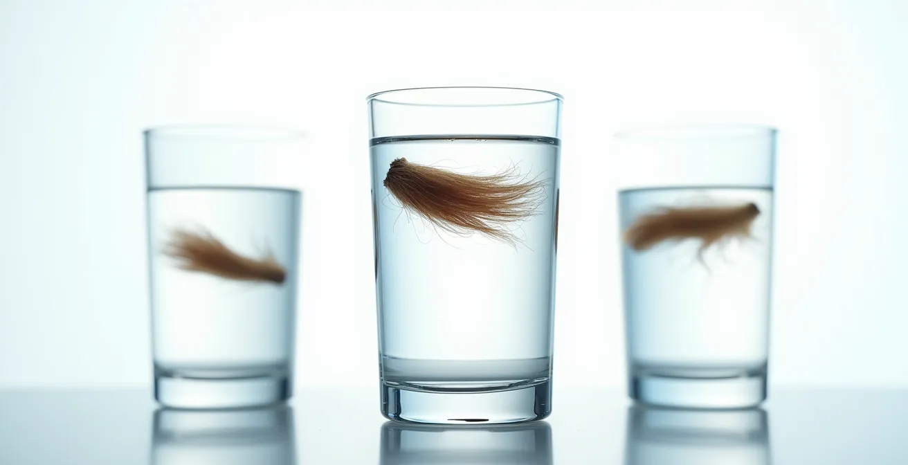 Wasserglas-Test zur Bestimmung der Haarporosität, der verschiedene Haarsträhnen auf unterschiedlichen Ebenen im Wasser zeigt.