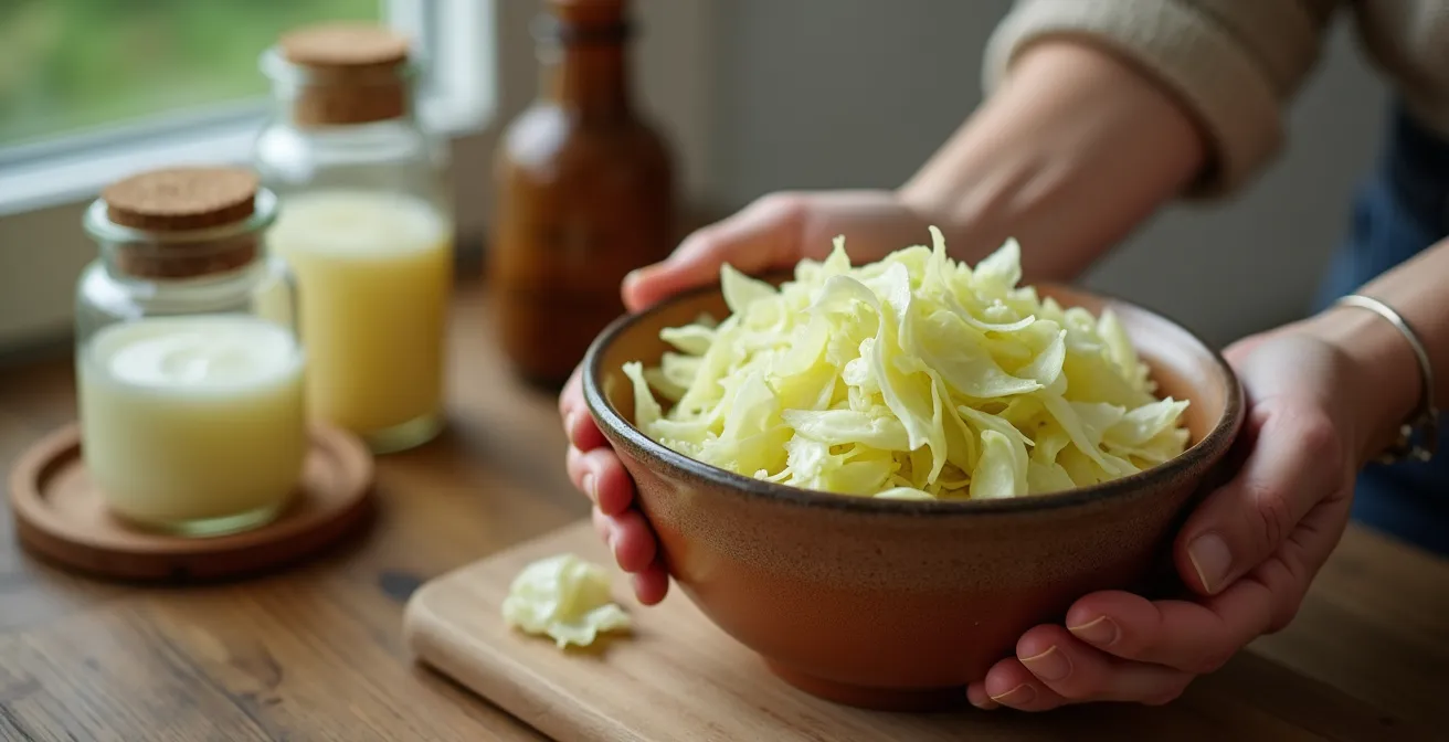 Hände halten eine Schale mit frischem, fermentiertem Sauerkraut, einem deutschen probiotischen Lebensmittel für eine gesunde Darmflora