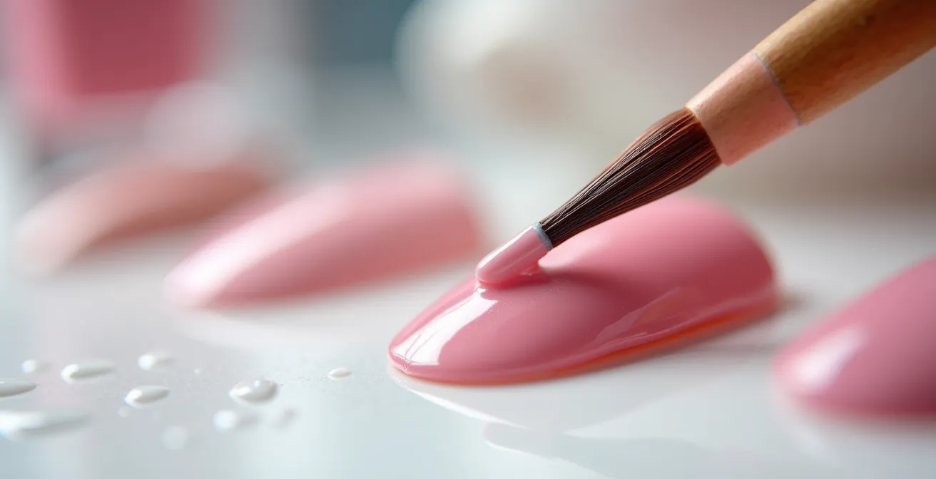 Nahaufnahme der professionellen Nagellack-Auftragstechnik mit sichtbaren Schichten