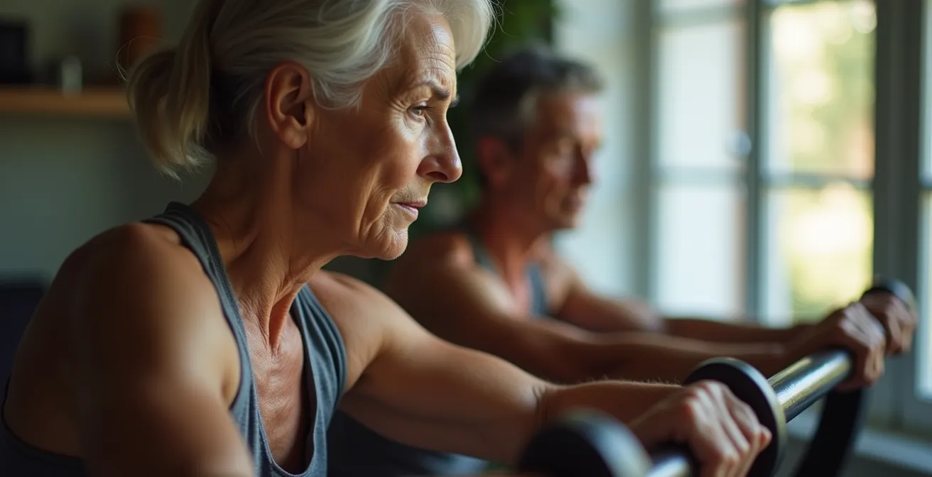 Mittelalter Person in ruhiger Trainingsposition mit kontrollierter Bewegung