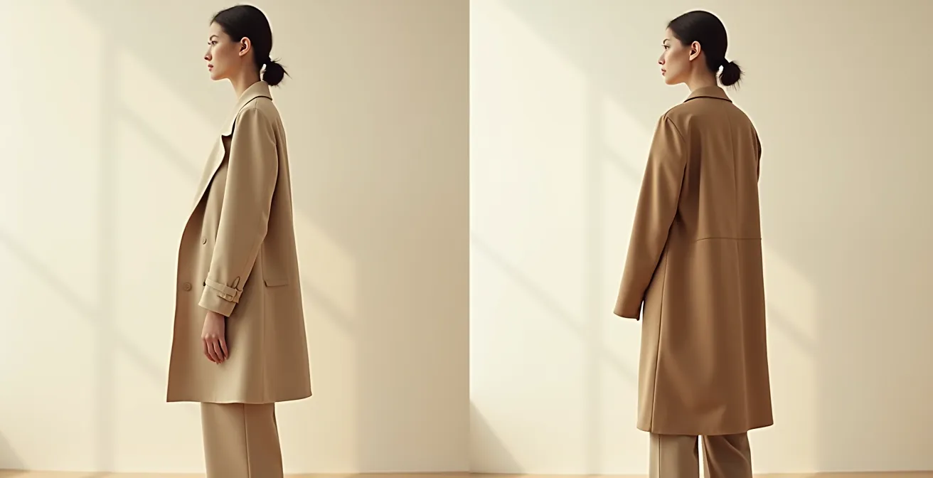 Seitenvergleich: Links unharmonisches Outfit mit falschen Proportionen, rechts perfekt ausbalanciertes Styling mit guter Silhouette