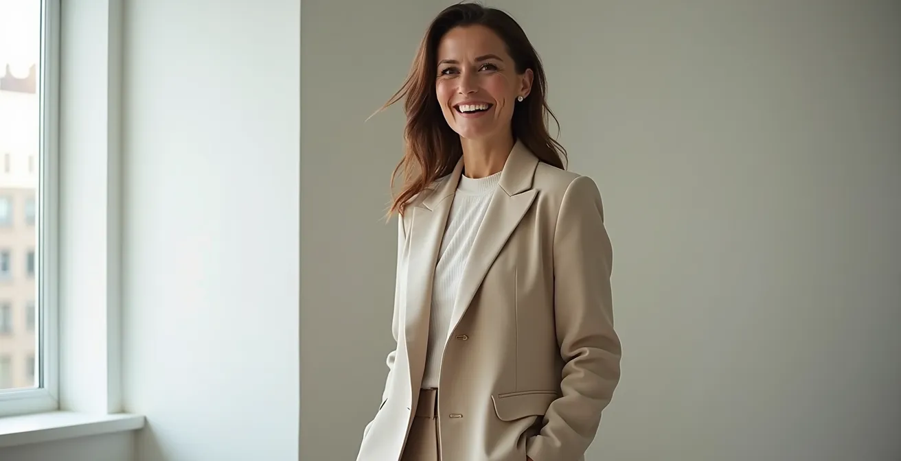 Eine selbstbewusste Frau in einem perfekt proportionierten Outfit, das die Drittel-Regel demonstriert und eine harmonische Silhouette schafft.